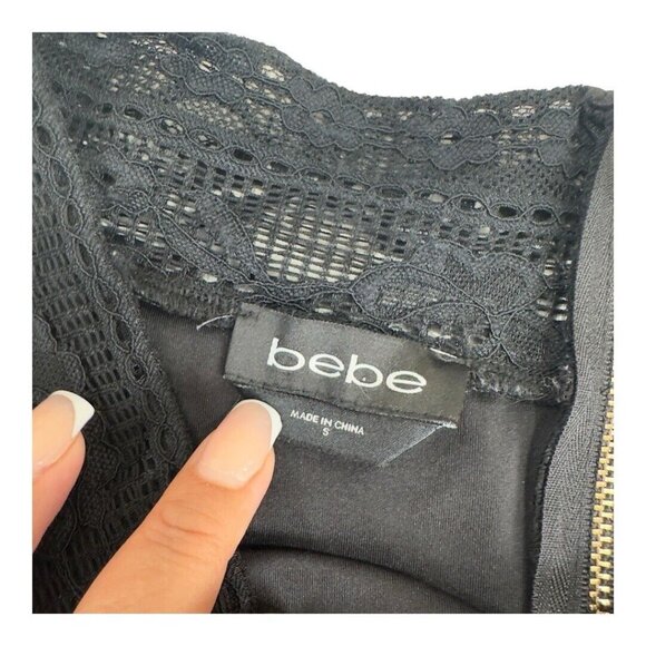 Bebe Women SZ S. Black Lace Peplum Top Blouse Off The Shoulder Gold Zipper Back - Picture 4 of 10